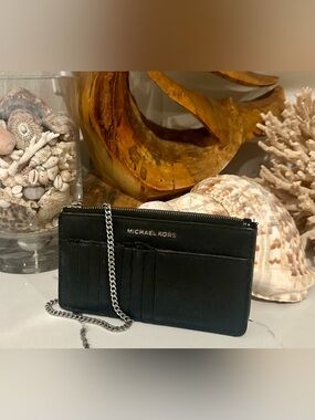 Michael Kors Black Leather ID Wallet with Silver Chain
